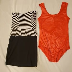 black dress, red body suit